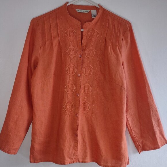 ecologie Embroidered Linen Blouse 3/4 Sleeve V-Neck Burnt Orange Size Medium - Picture 2 of 8